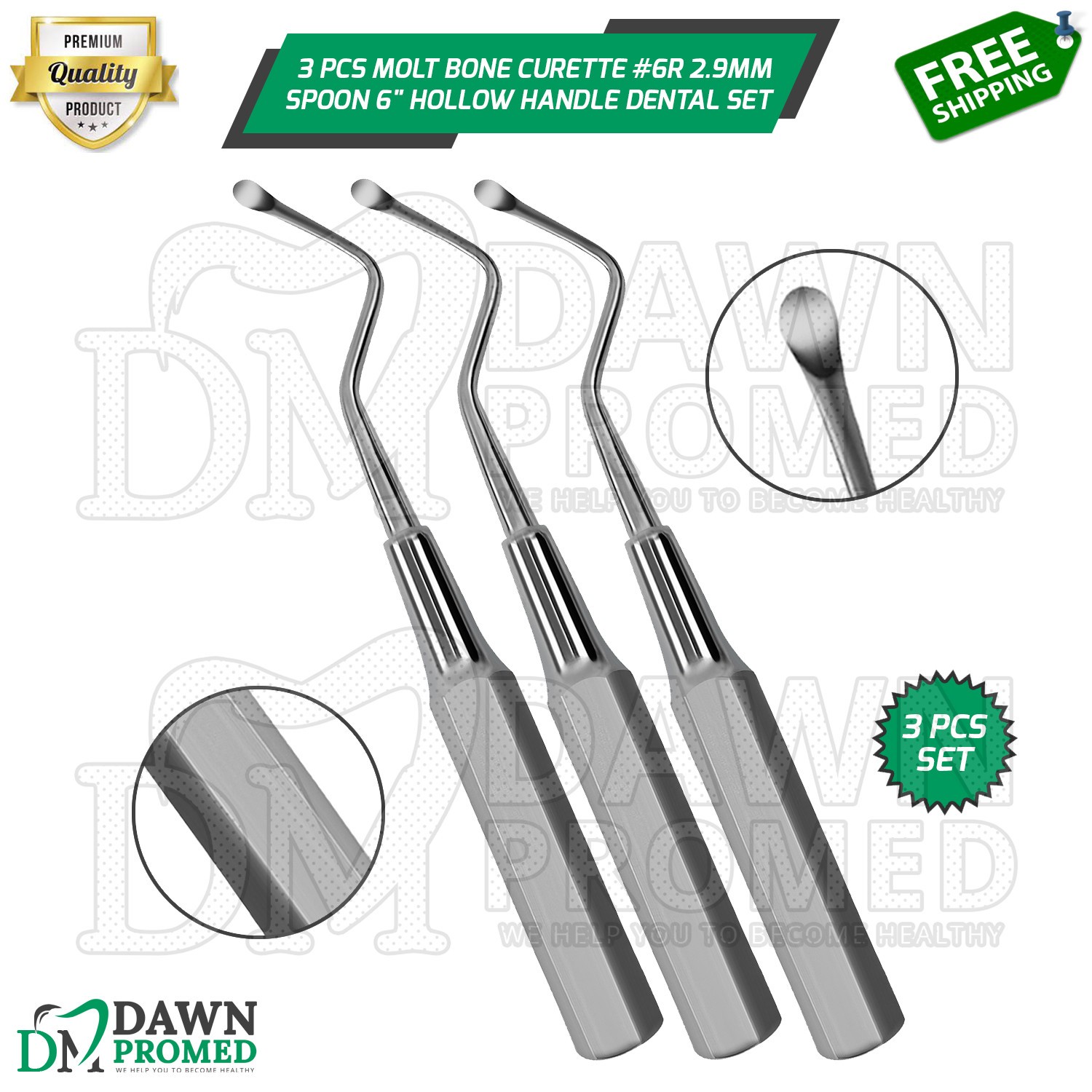 3 Pcs Molt Bone Curette #6R 2.9mm Spoon Tip 6″ Hollow Handle Dental Set German G