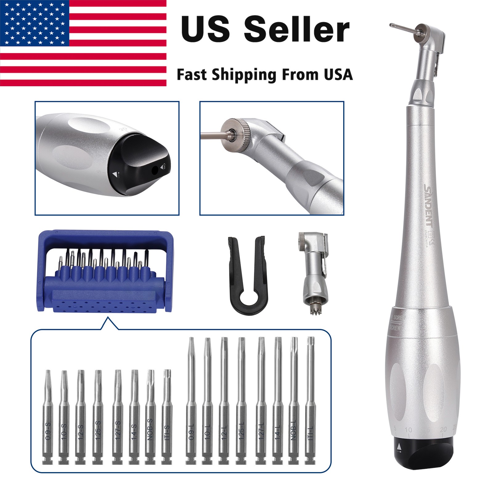 Universal Dental Implant Kit Torque Wrench Contra Angle & 16pcs Drivers Sliver