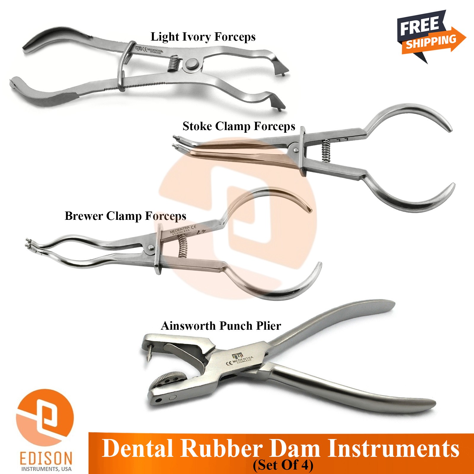 Dental Rubber Dam Instruments Light Ivory Brewer Stoke Clamp Forceps Punch Plier