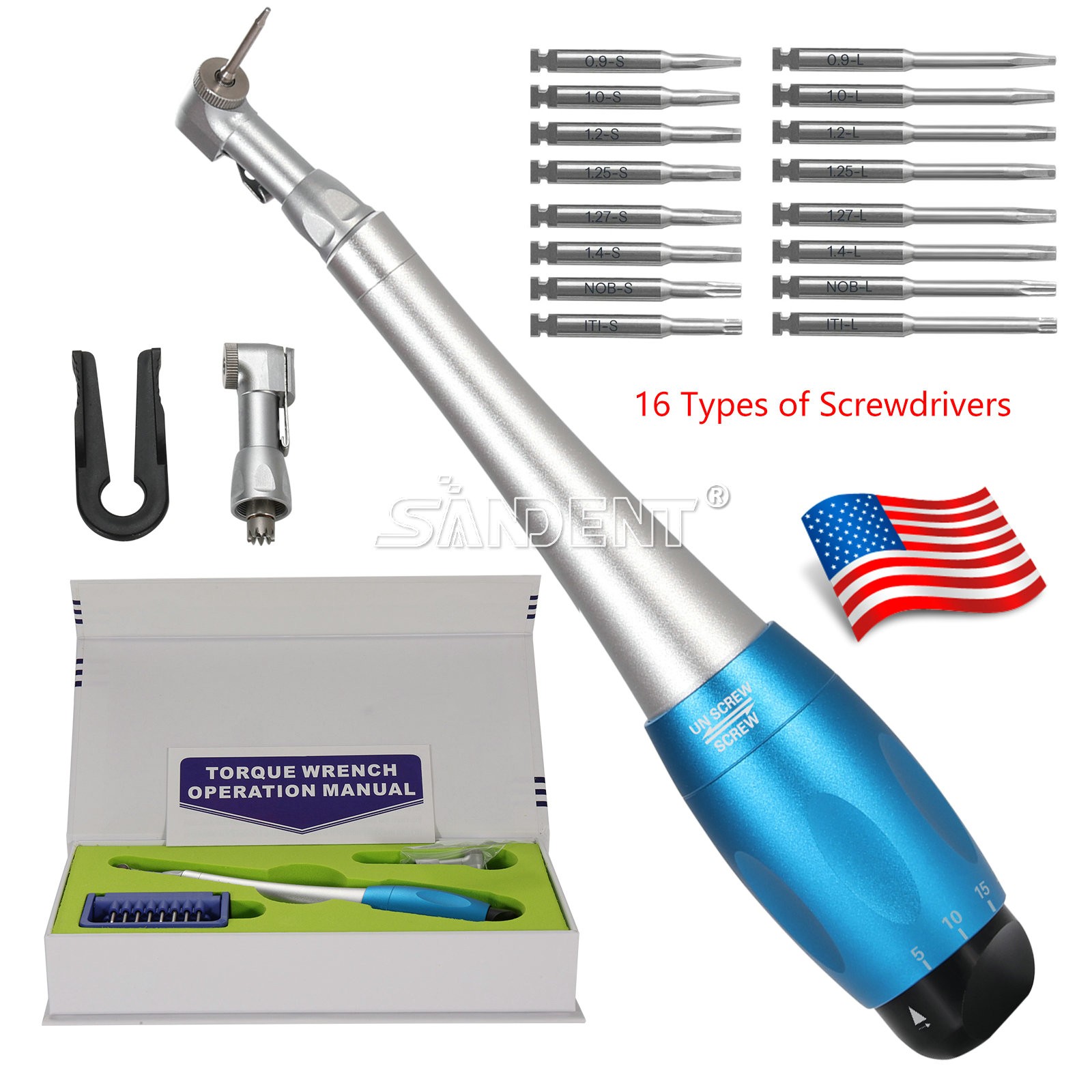 Dental Universal Implant Kit Torque Wrench Contra Angle Handpiece& 16pcs Drivers