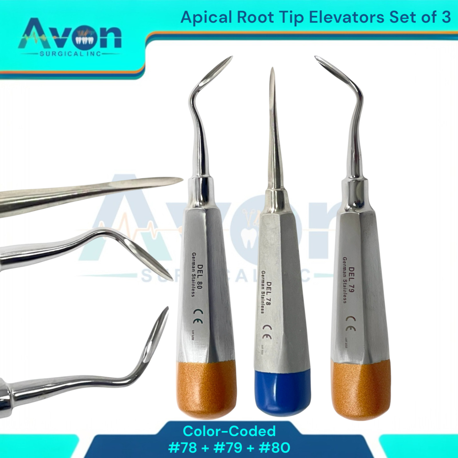 3 Count Apical Root Tip Picks, Dental Tooth Extraction Elevators #78, #79, #80