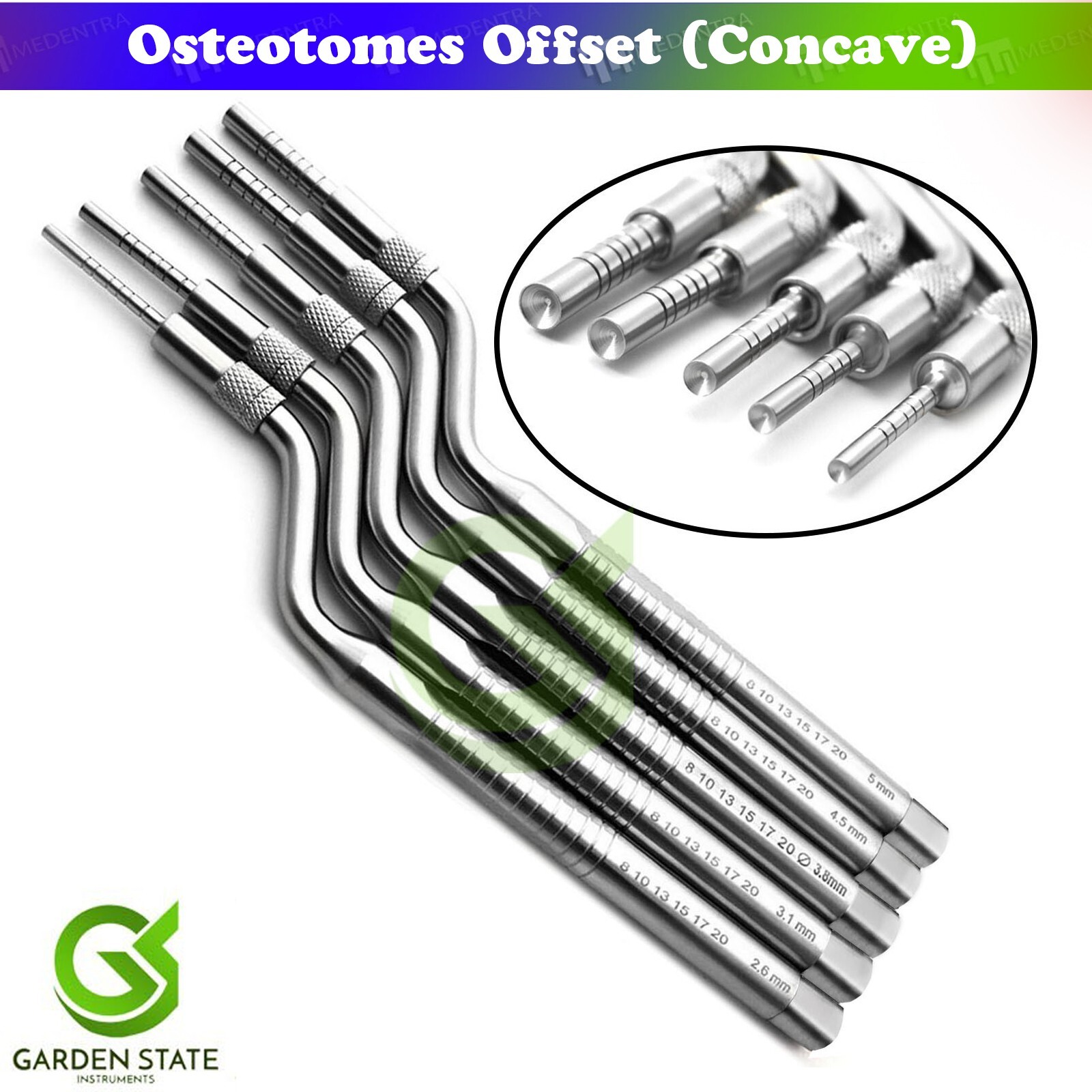5Pcs Osteotome Set Angled Osteotomy Concave Sinus Implant Lift Elevator