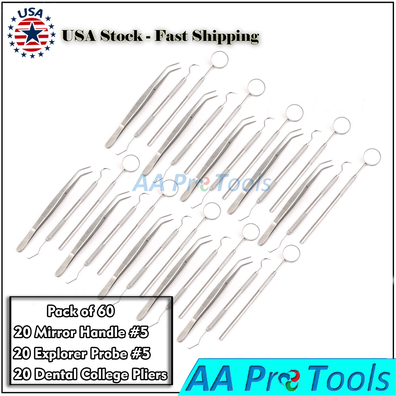 60PC GERMAN BASIC DENTAL SETS- EXPLORER PROBE+DENTAL MIRROR+COLLEGE COTTON PLIER