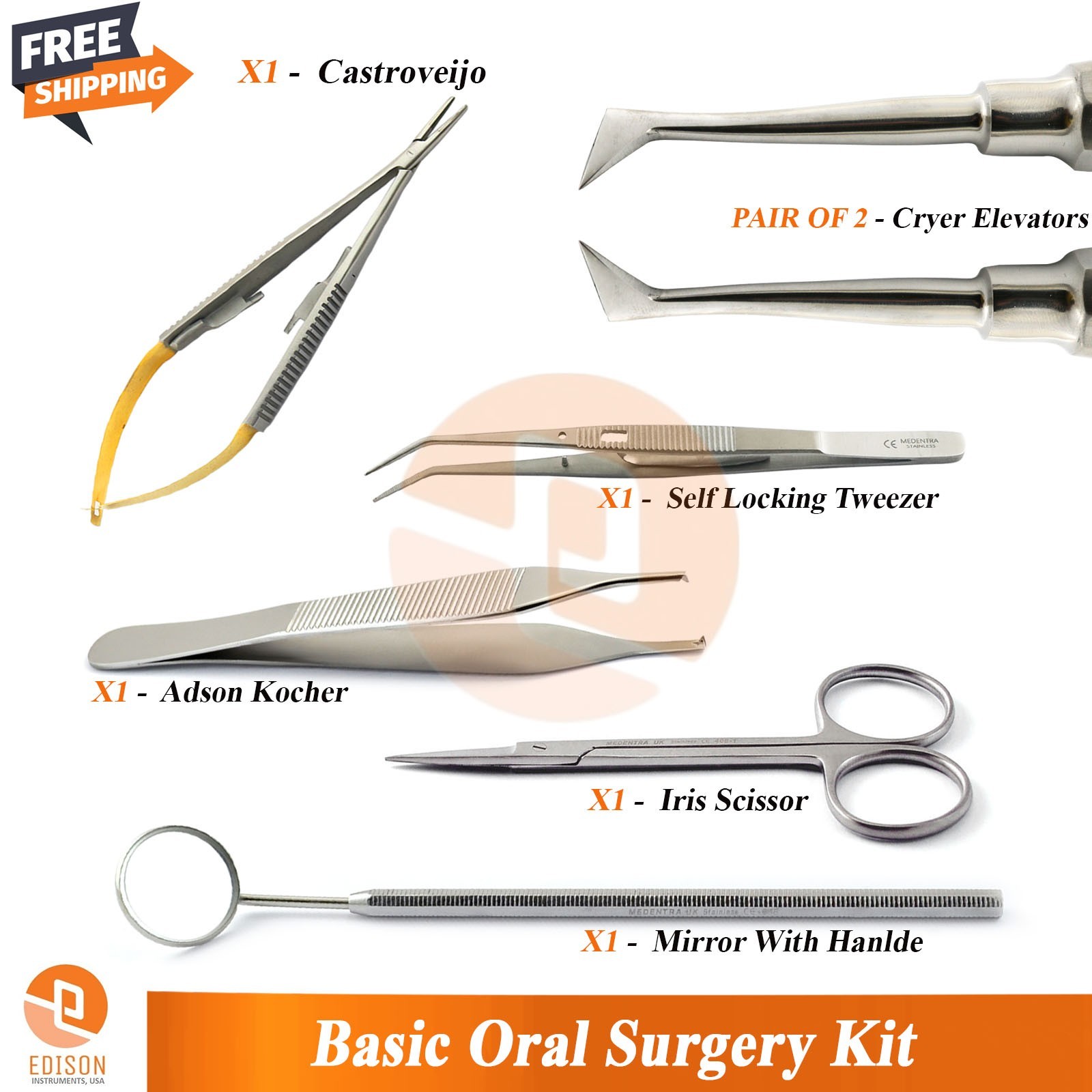 Basic Dental Surgery Kit Implant Elevators Castroviejo Adson Tweezers Tools