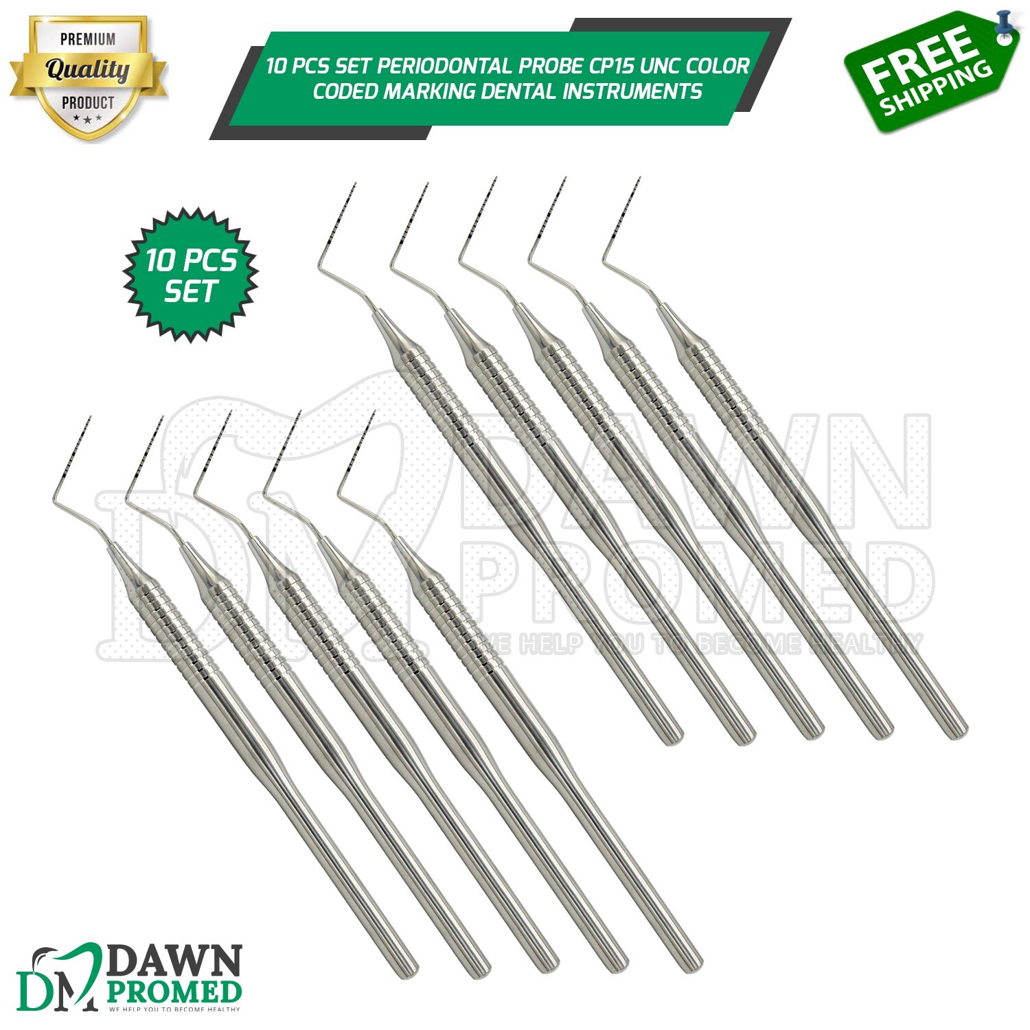 10 Pcs Set Periodontal Probe CP15 UNC Color Coded Marking Dental Inst German Gr