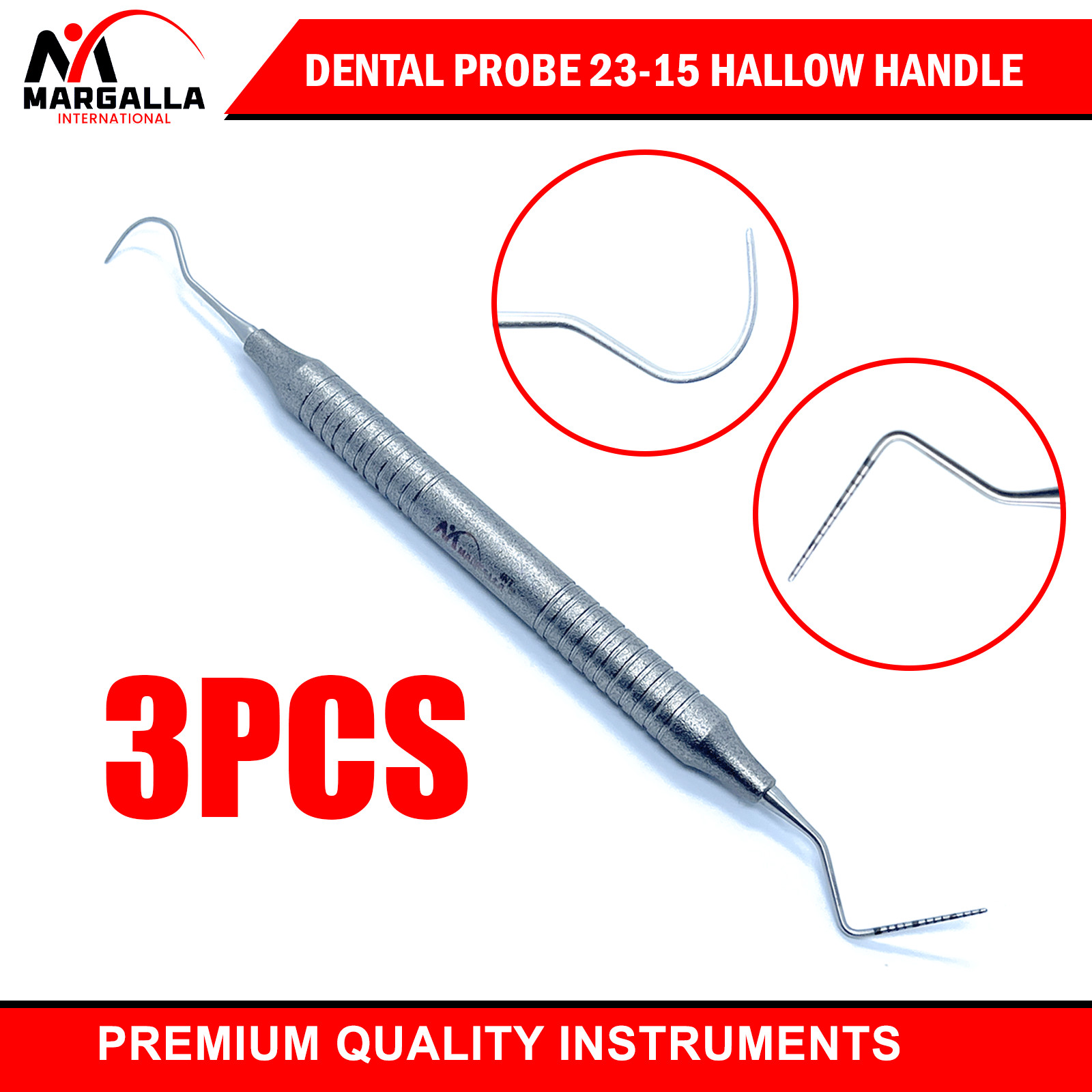 Set of 3 Dental Explorer Probe 23/15 Hallow Handle Color Marking Double Ended