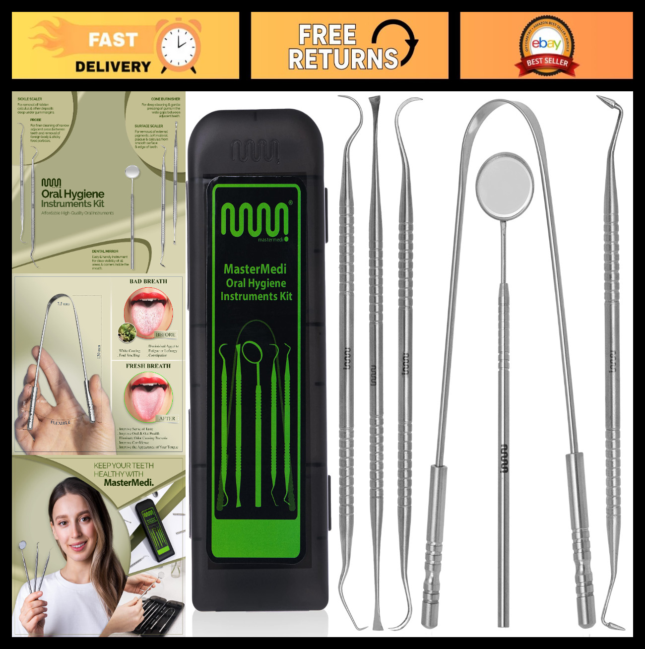 Dental Tools Kit for Teeth Cleaning – 6 Piece Stainless Steel Oral Care Set, Pla