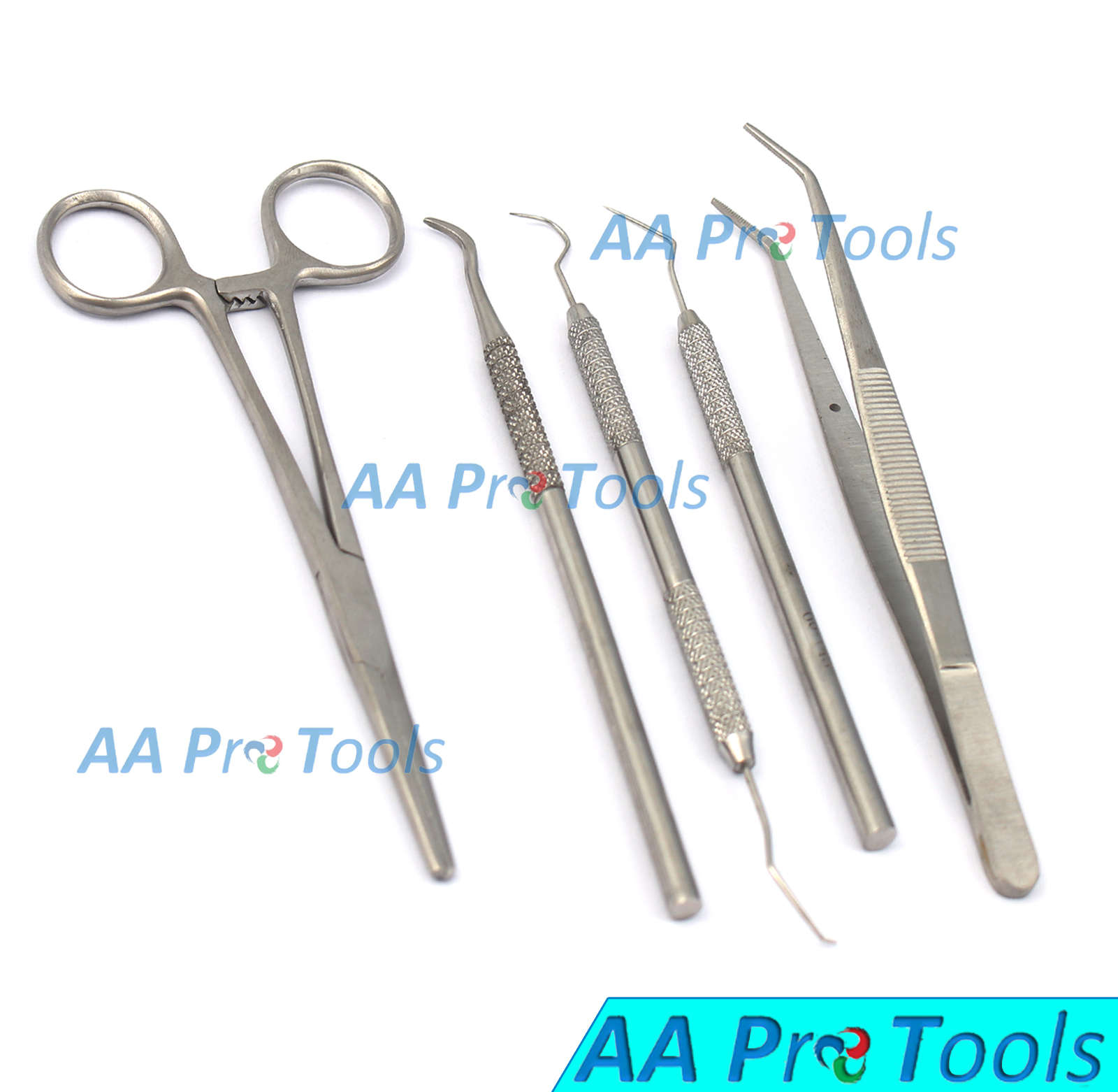 AA Pro: Professional Dental Set Of 5 Kelly Hemostat Forceps, Tweezers, Probe 9