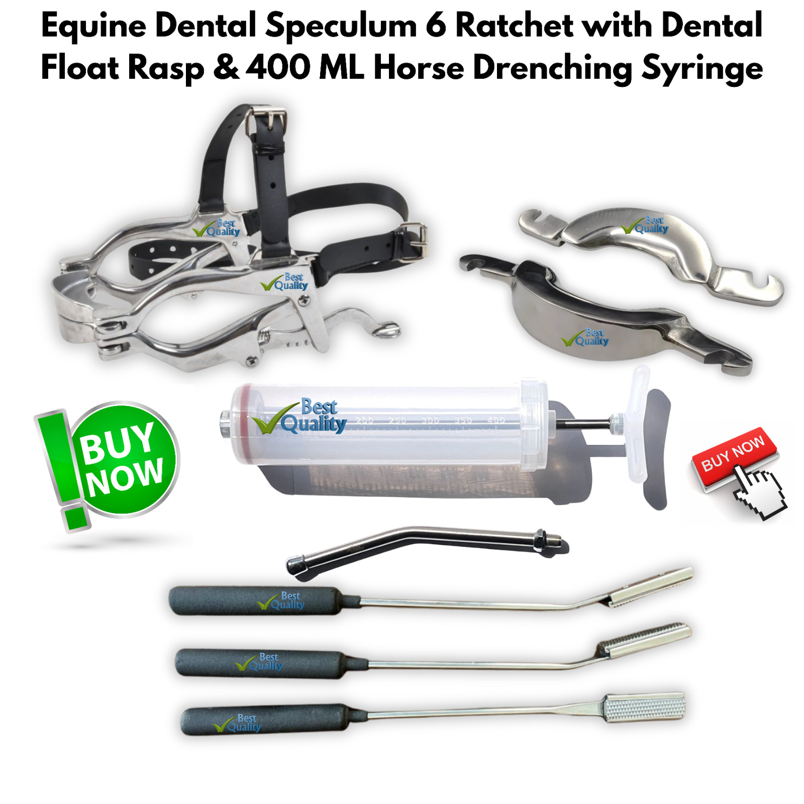 Set Of Equine Dental Speculum 6 Ratchet Float Rasp 400ML Horse Drenching Syringe