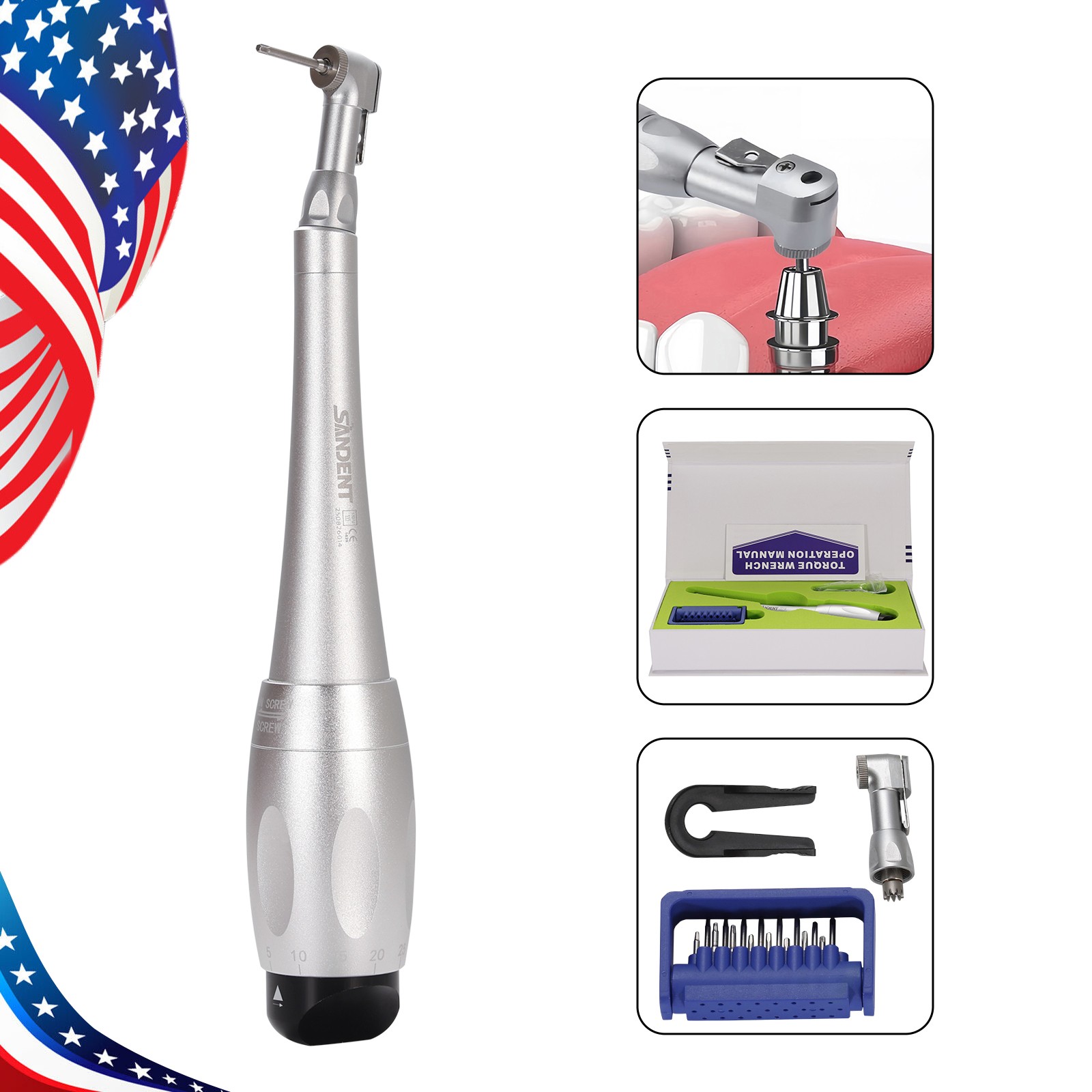 Universal Dental Implant Kit Torque Wrench Contra Angle & 16pcs Drivers Sliver