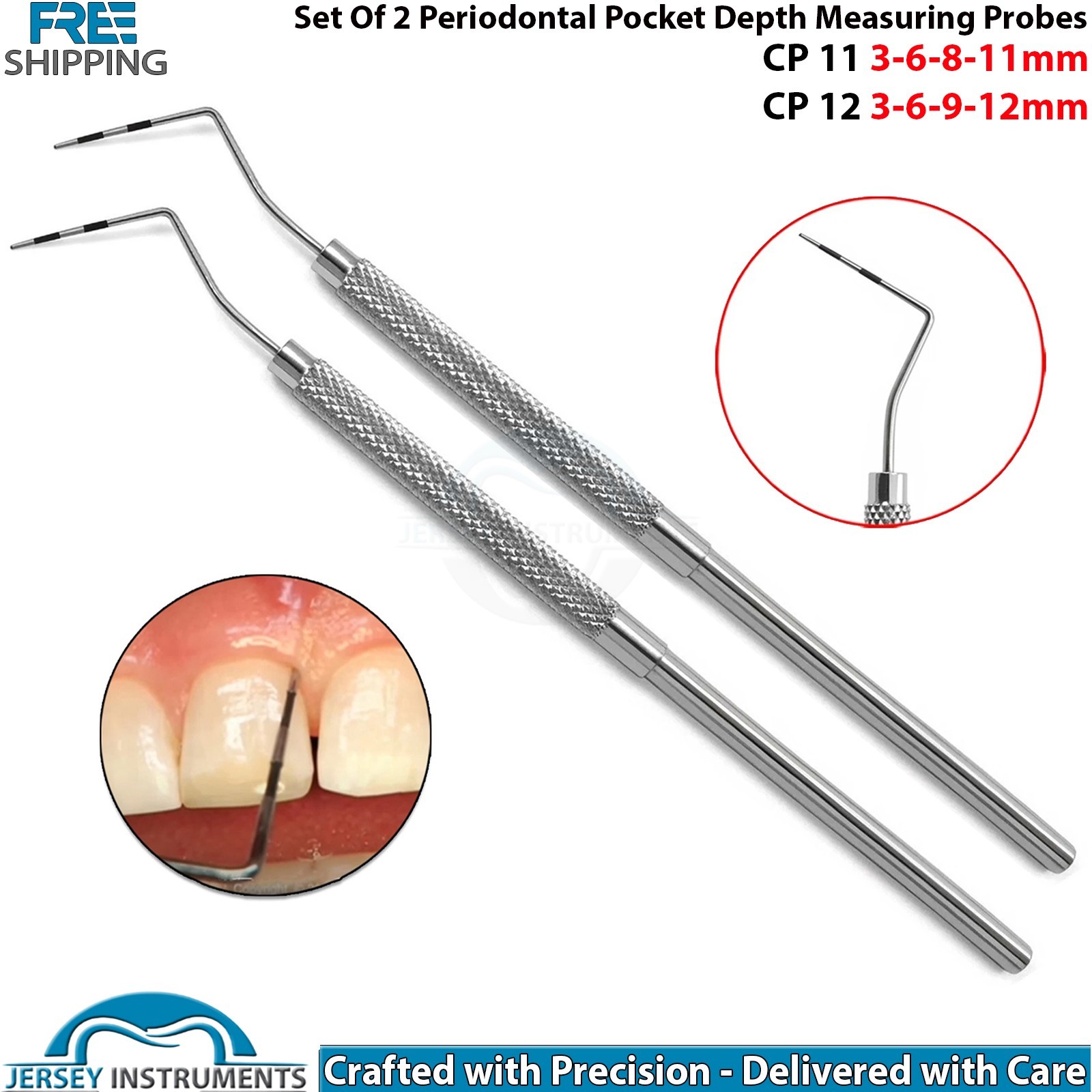 Set of 2 Periodontal Probes CP 11 and CP 12 Dental Pocket Measuring Instruments