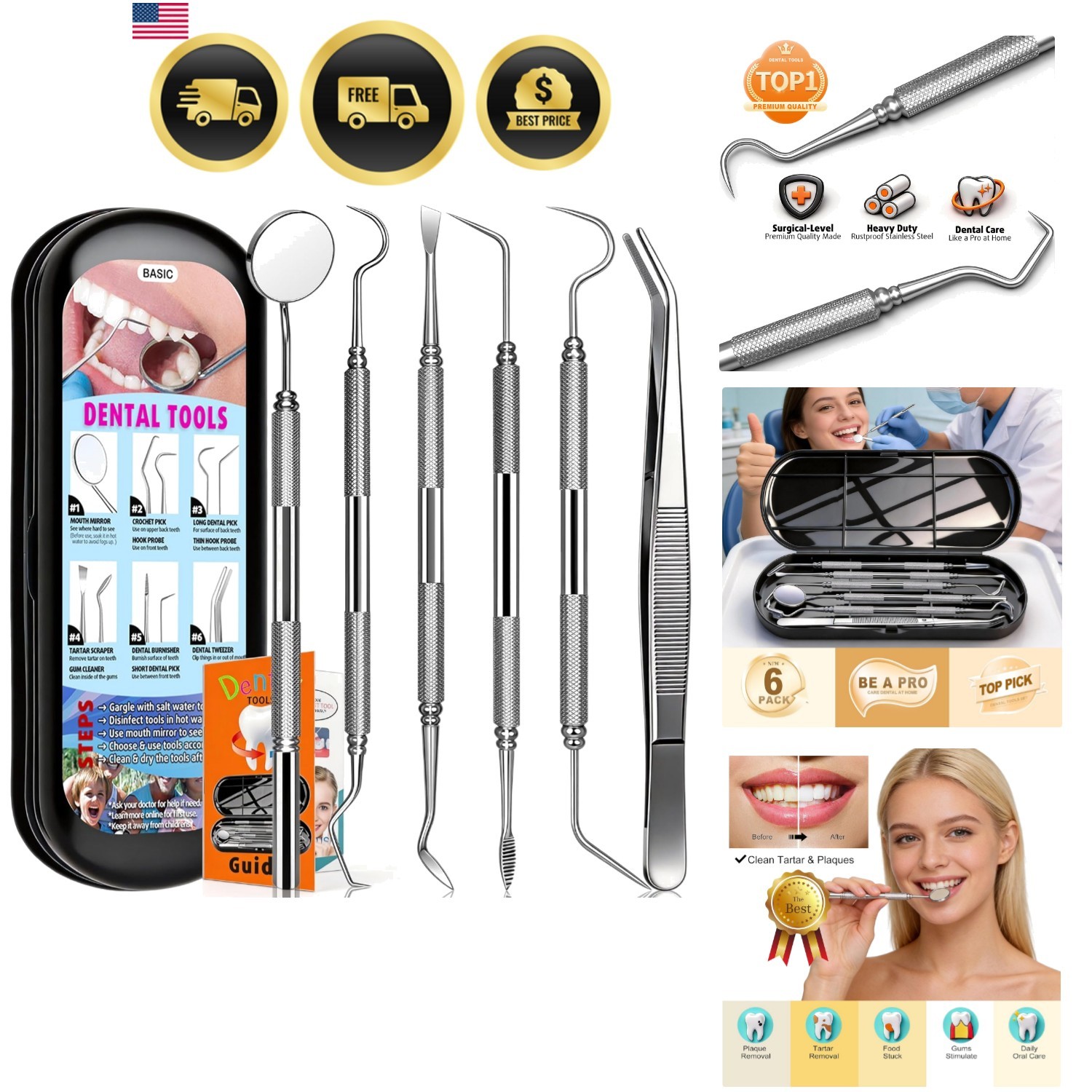 Dental Tools Plaque Remover Teeth Cleaning Tool﻿s Kit 6 Pcs Dental Care Kit S…