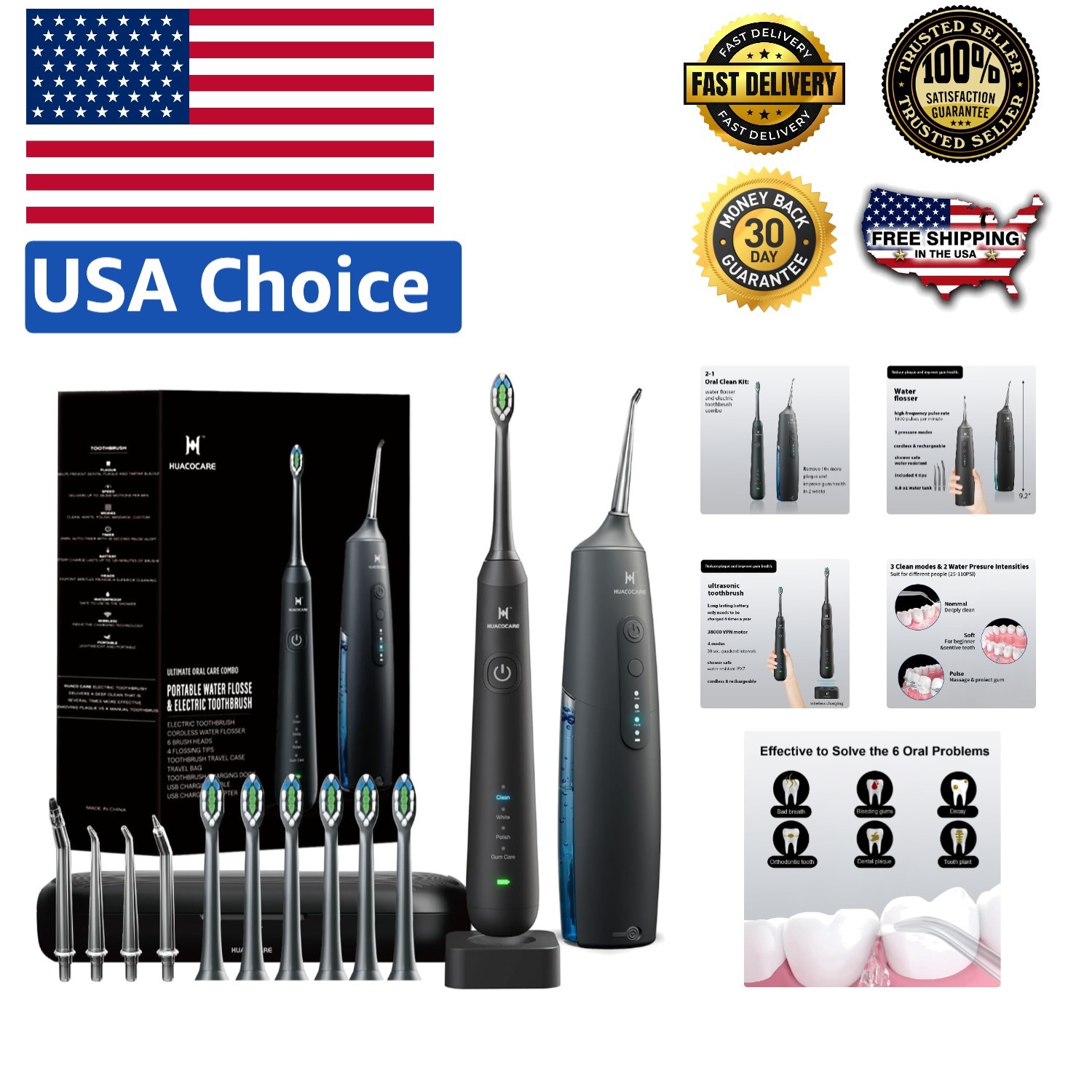 Black Oral Care Kit: Electric Toothbrush with Water Flosser for Deep Cleaning