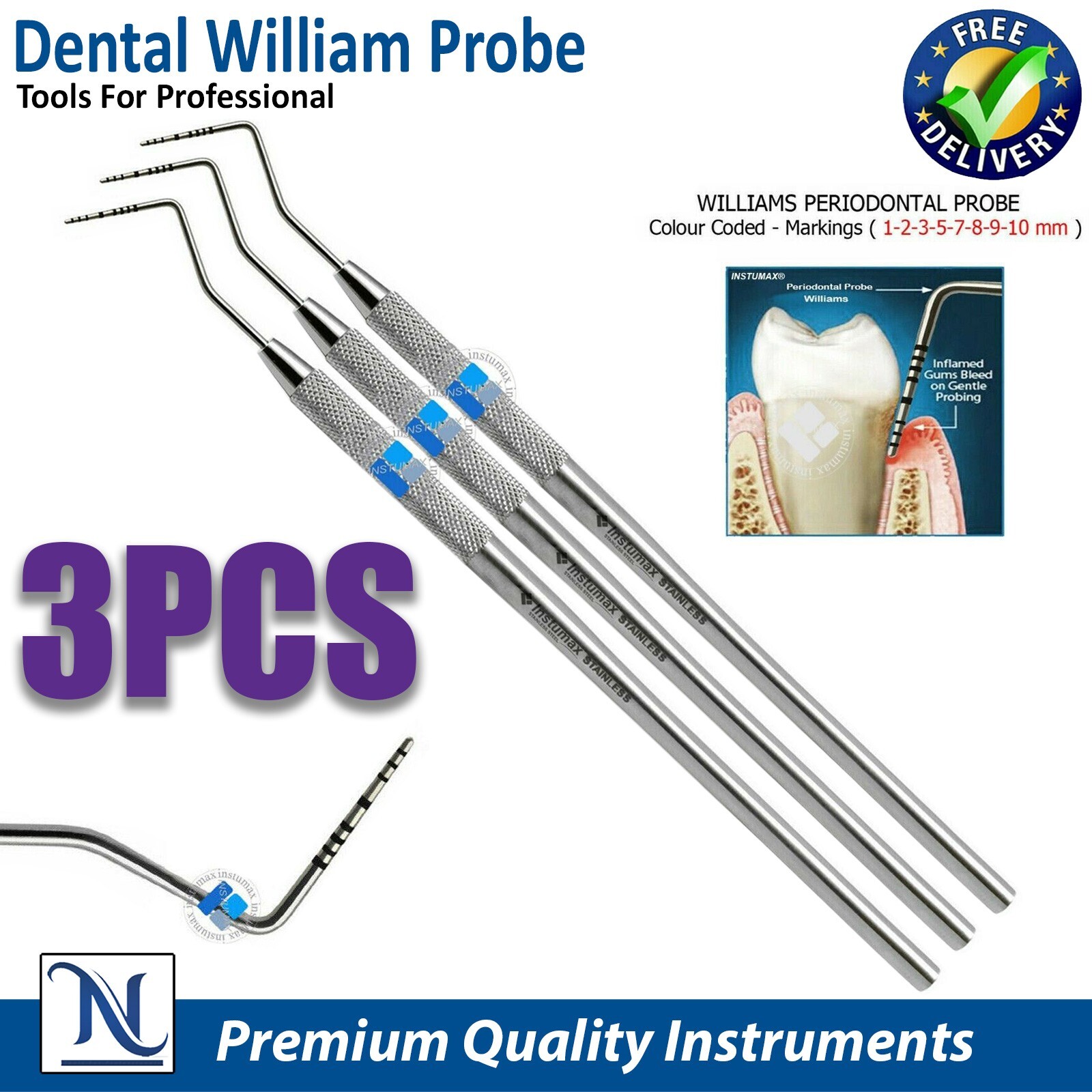 William Probes Color Coated Dental Periodontal Perio Probes Set of 3 Pieces