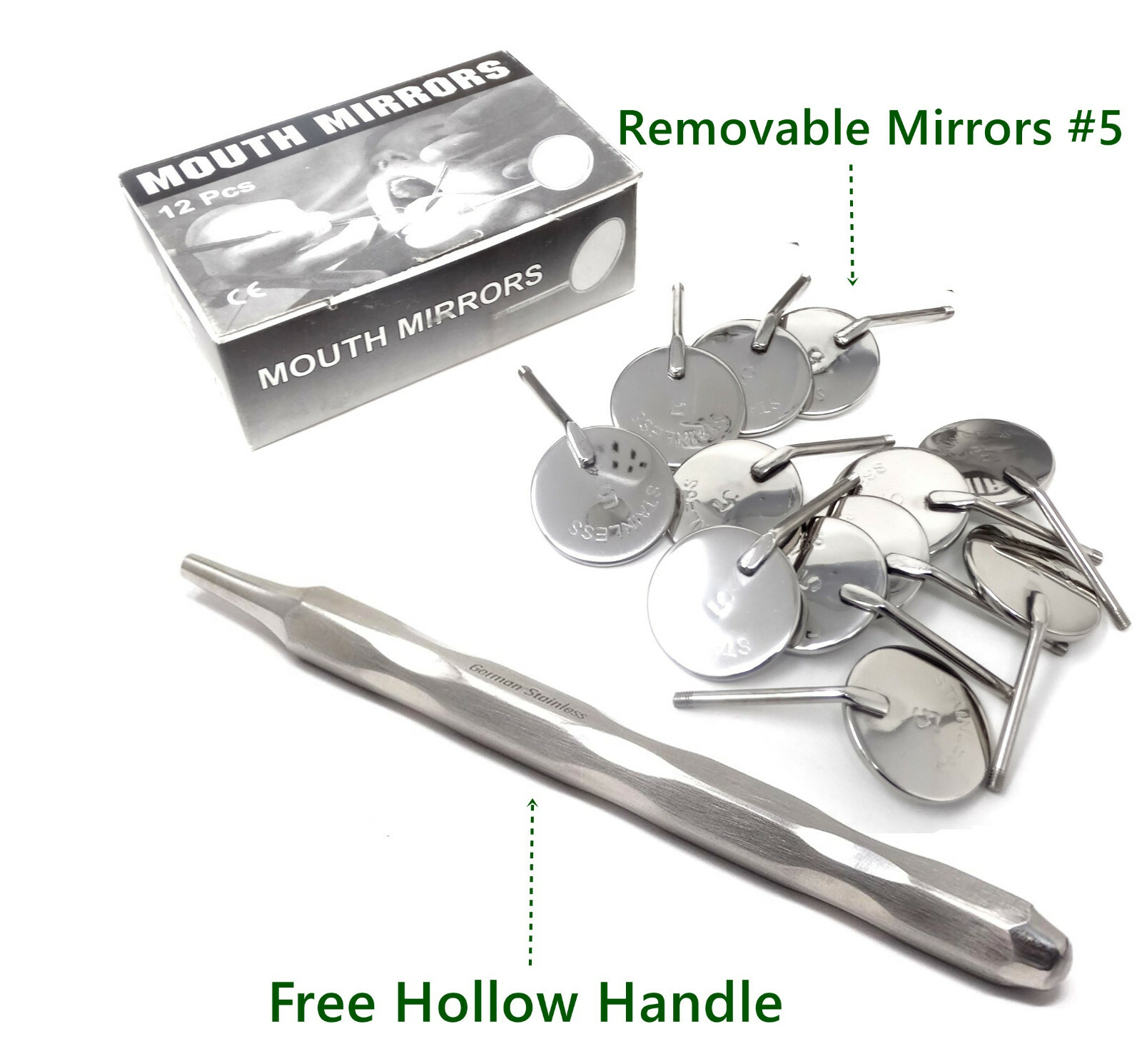 New Premium 12 x Dental Mouth Mirror Heads Cone Socket #5 Plain + Free Handle