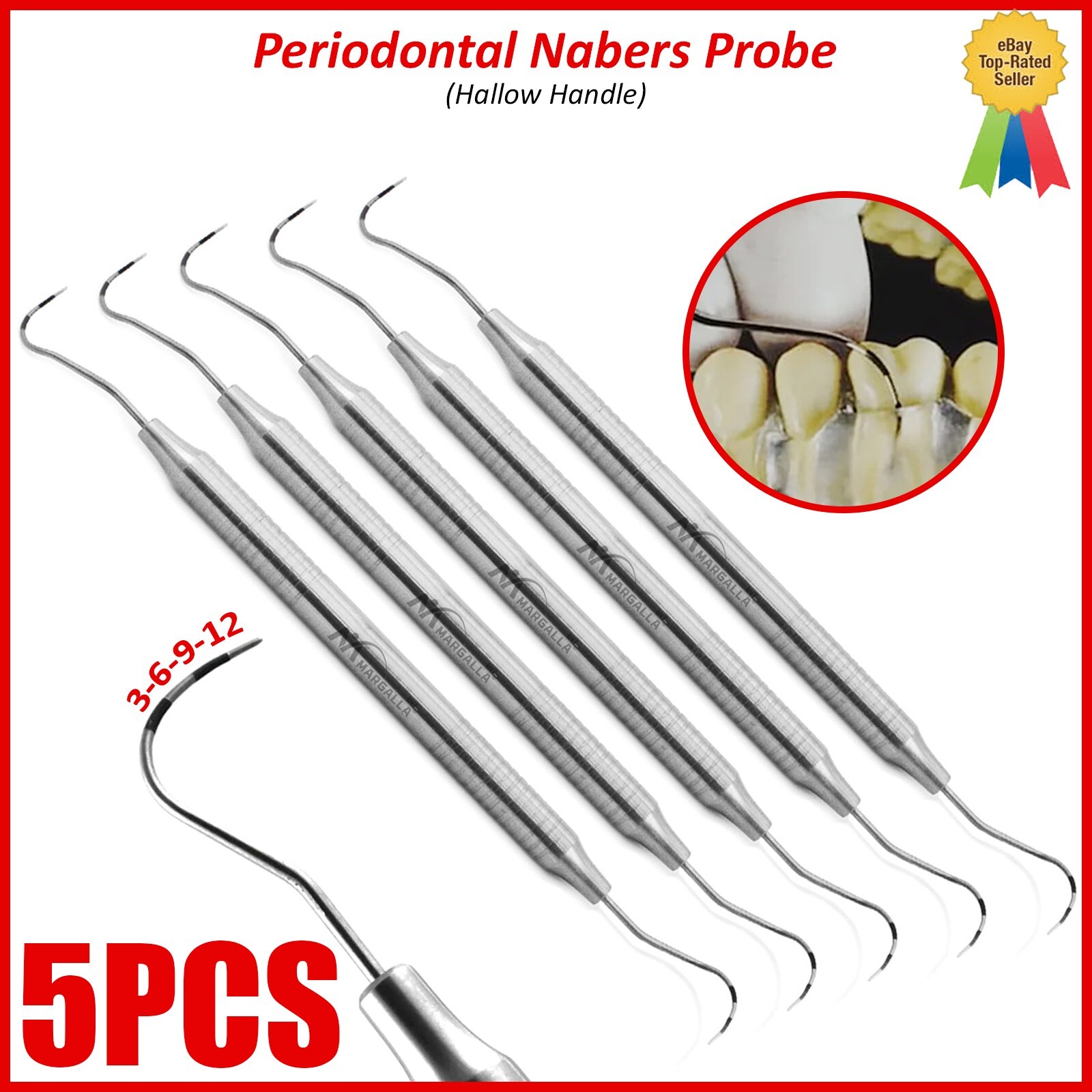 5Pcs Periodontal 2N Nabers Probe Double Ended Hollow Handle Set Dentist Probes