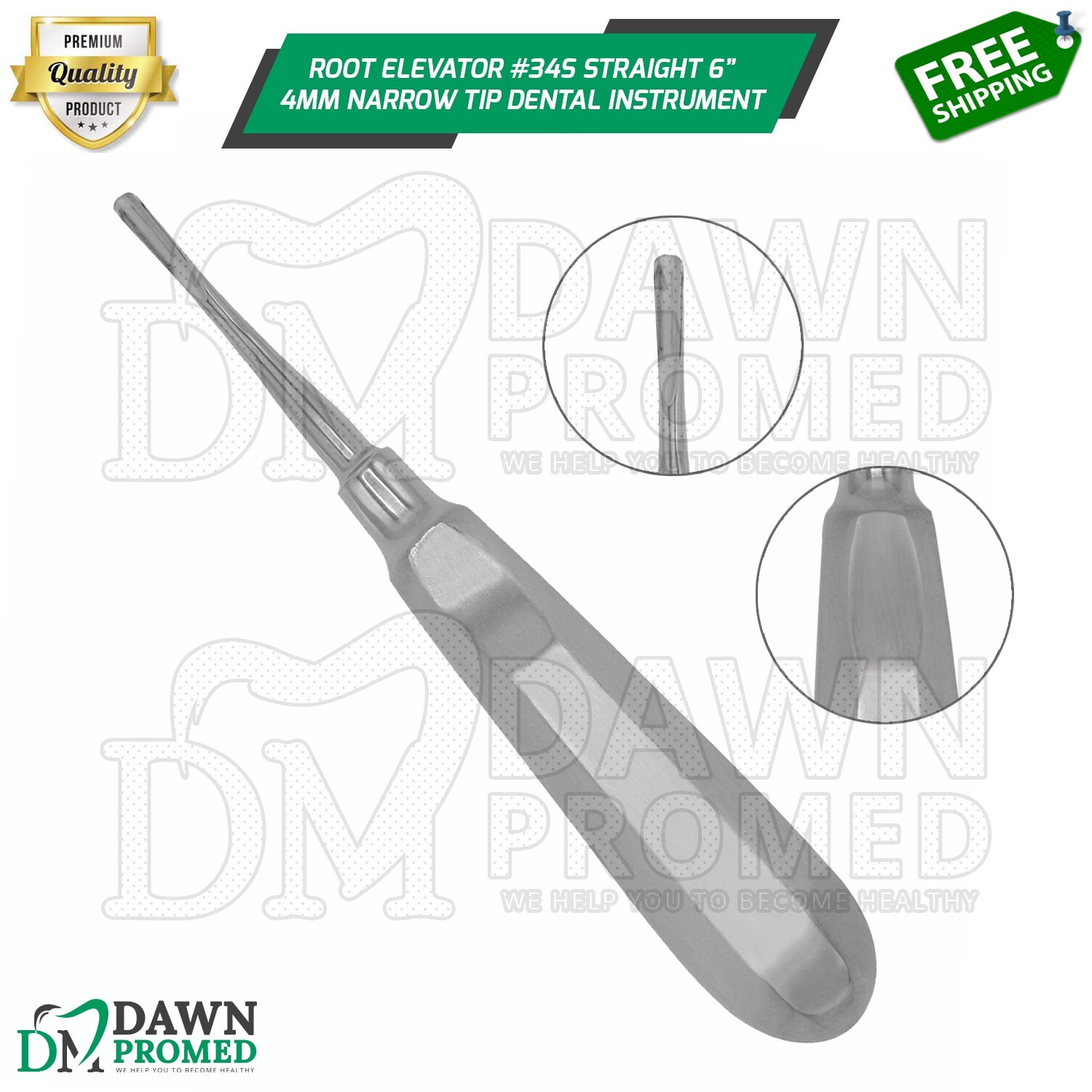Root Elevator #34S 6″ Straight 4mm Tip Extracting Surgical Dental Instrument