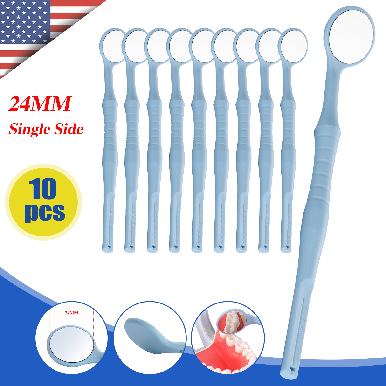 10pcs Dental Mouth Mirror With Blue 24mm Handle Examintion Tooth Inspection Tool