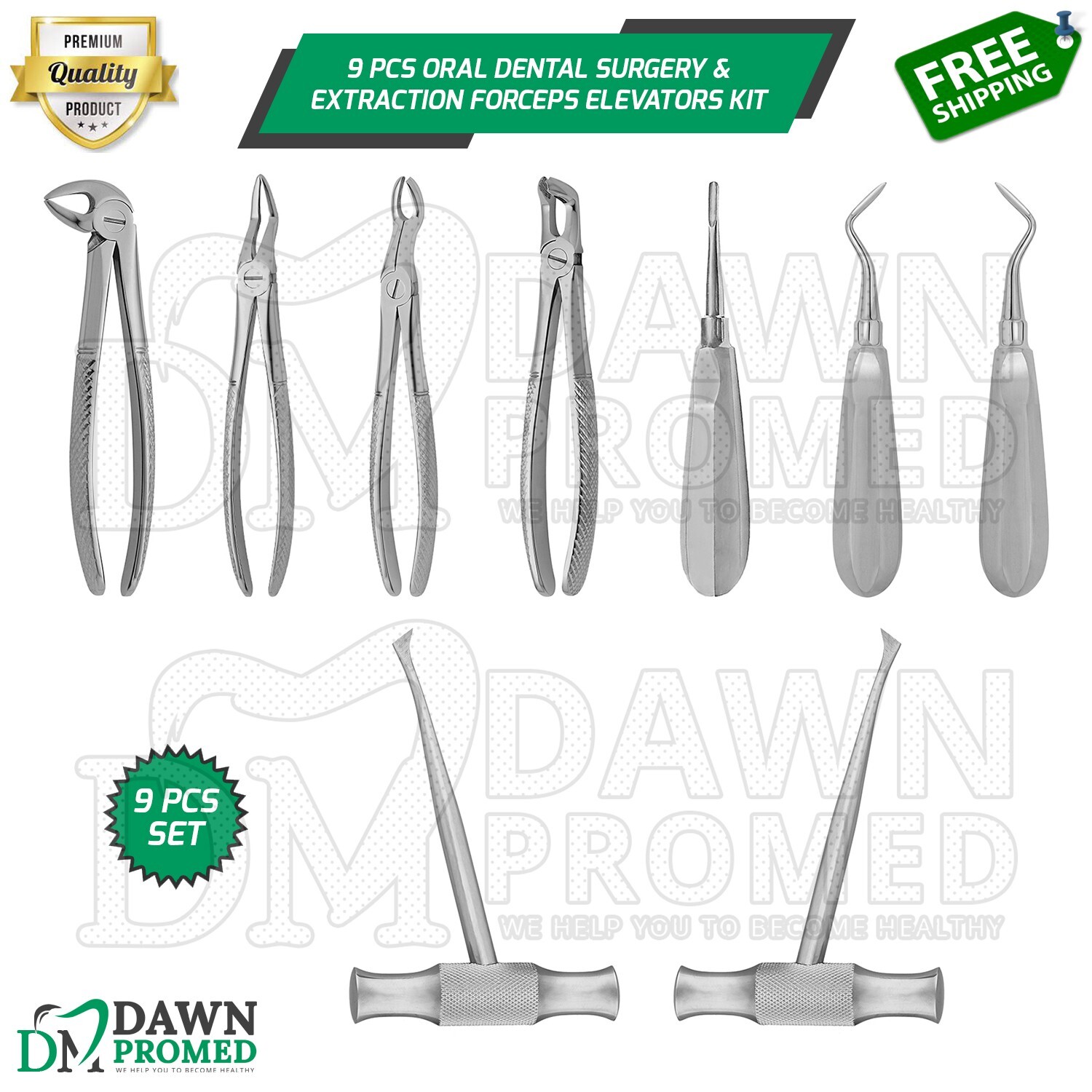 9 Pcs Oral Dental Surgery & Extraction Forceps Elevators Kit German Grade